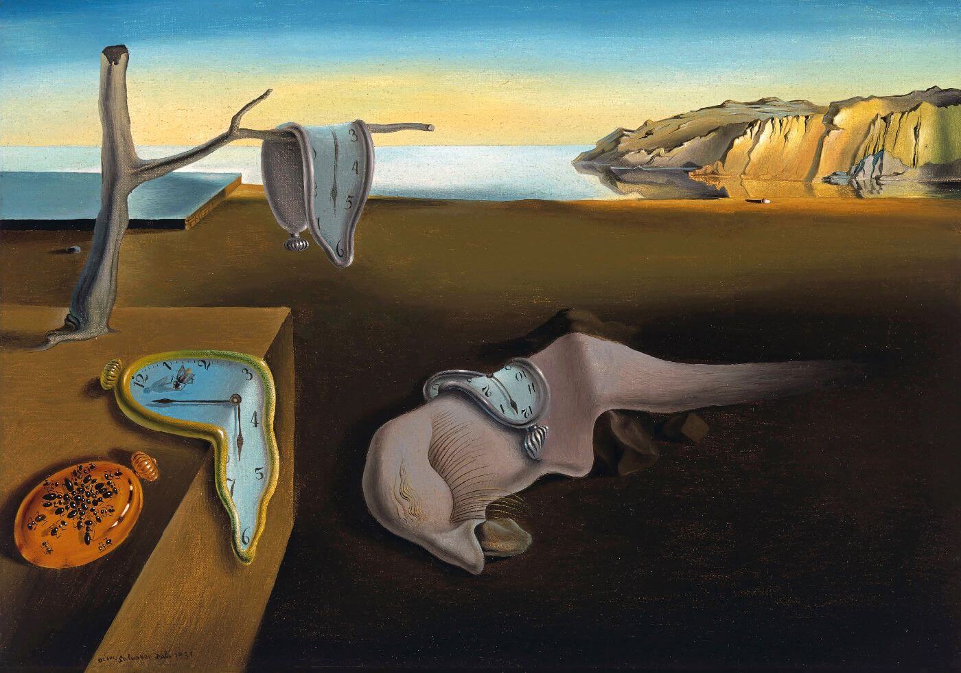 Salvador Dalí’s The Persistence of Memory: soft pocket watches melting over a bare Catalan landscape, with one hard watch covered in ants.